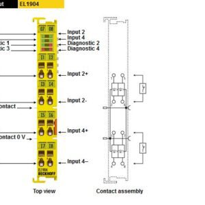 Beckhoff EL1904 La borne EtherCAT EL1904 est une borne d'entree numerique pour capteurs avec contacts libres de potentiel pour 24 V CC. Le terminal EtherCAT dispose de quatre entrees de securite. Le EL1904 est conforme aux exigences de la norme IEC 61508 SIL 3 et de la norme DIN EN ISO 13849 PL e.